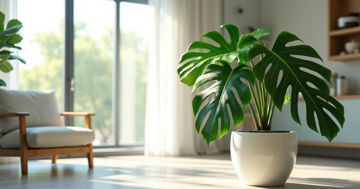 Costela-de-adão em vaso branco próximo à janela 