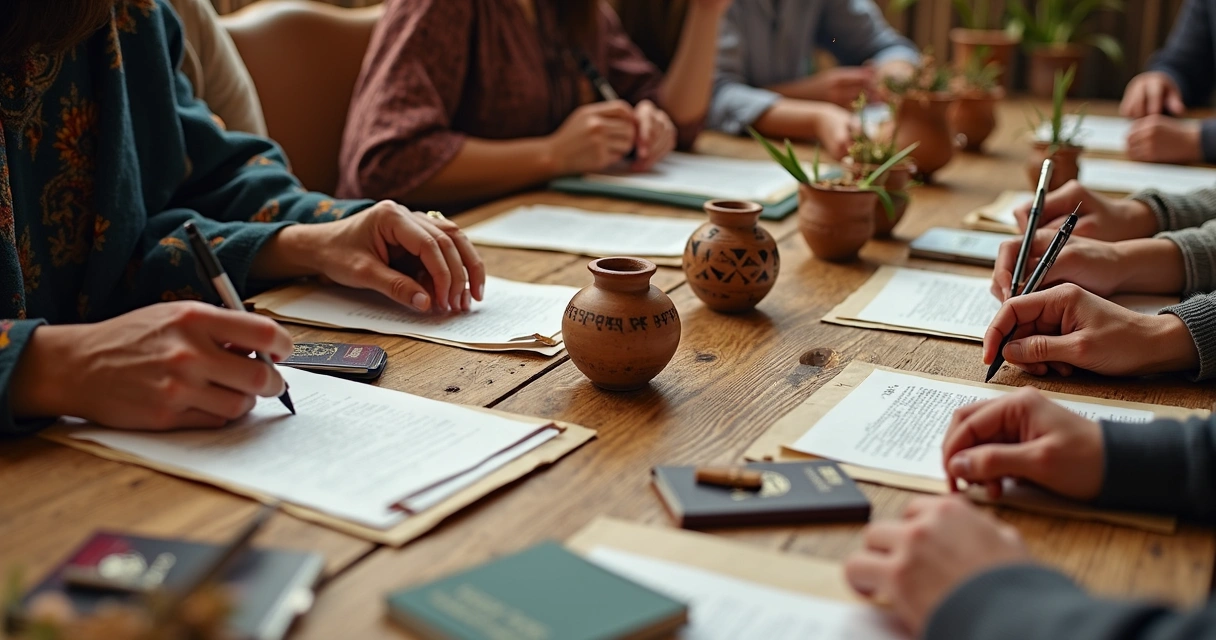 Mesa com objetos tradicionais e documentos de diferentes países 
