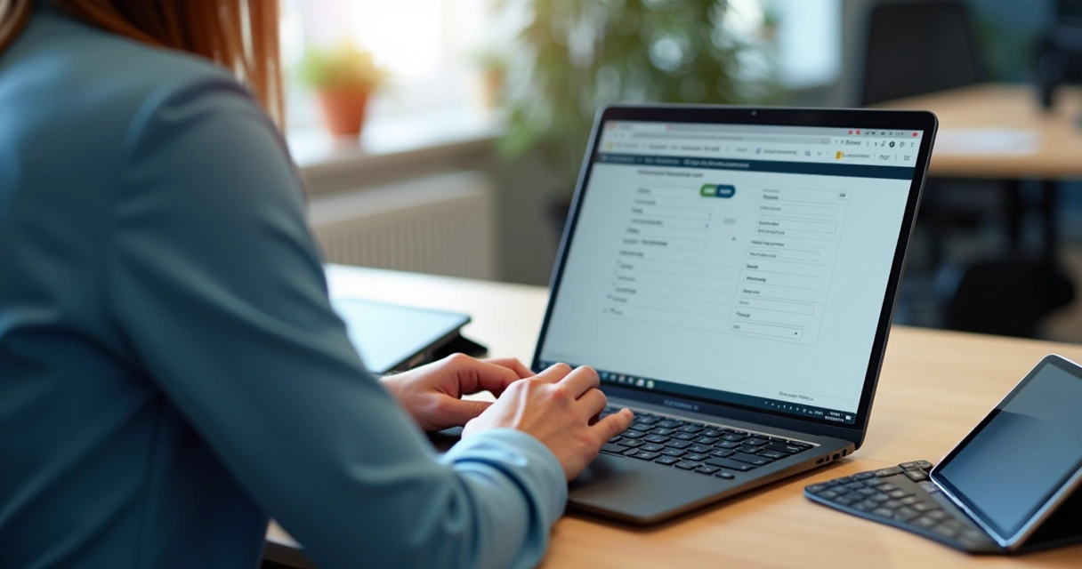 Profissional preenchendo cotação para aluguel de tablets corporativos em notebook 