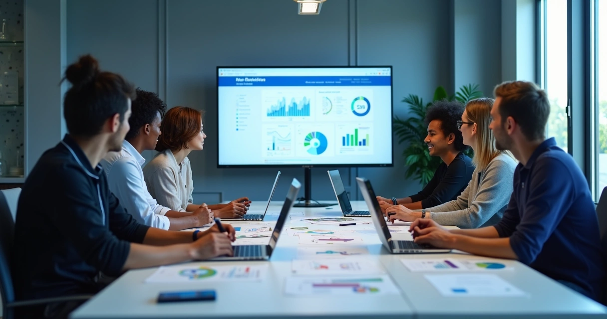 Equipe em volta de uma mesa analisando cotações e computadores