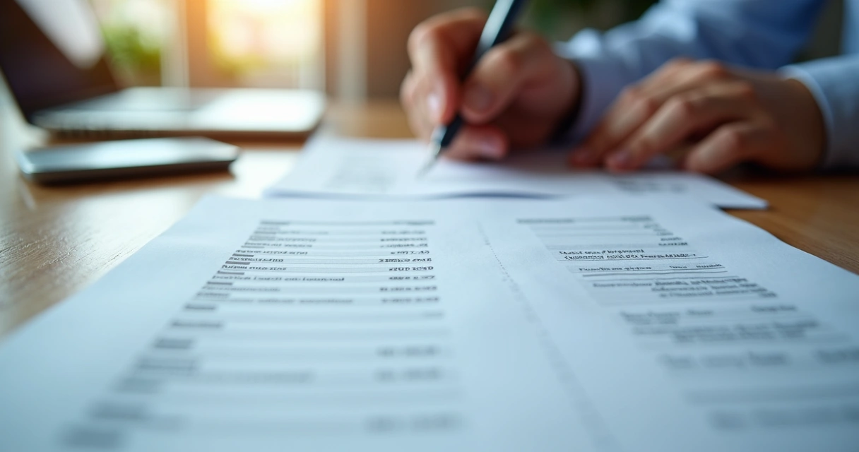 Pessoa analisando três orçamentos impressos em uma mesa cheia de papéis. 