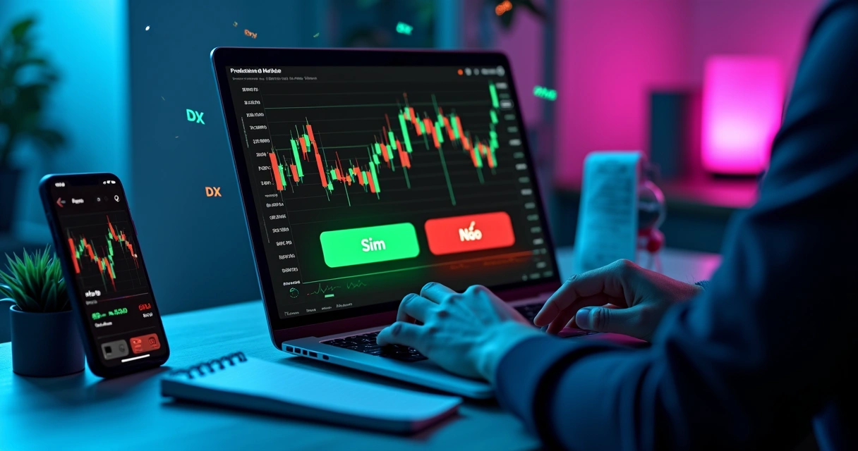 Trader brasileiro analisando gráfico de preços em tempo real no notebook 