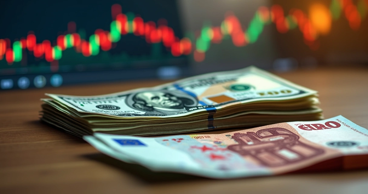 Cédulas de dólar e euro lado a lado com gráficos de variação cambial 