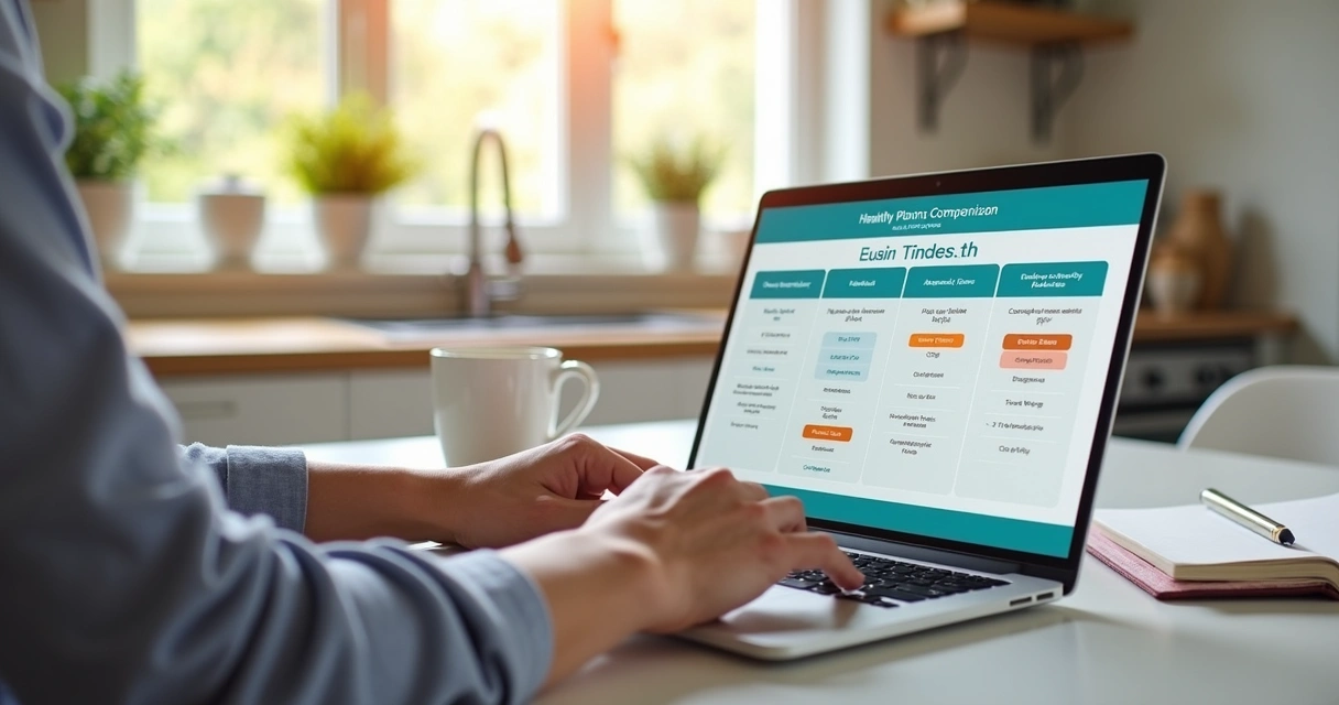 Pessoa compara planos de saúde no notebook em casa 