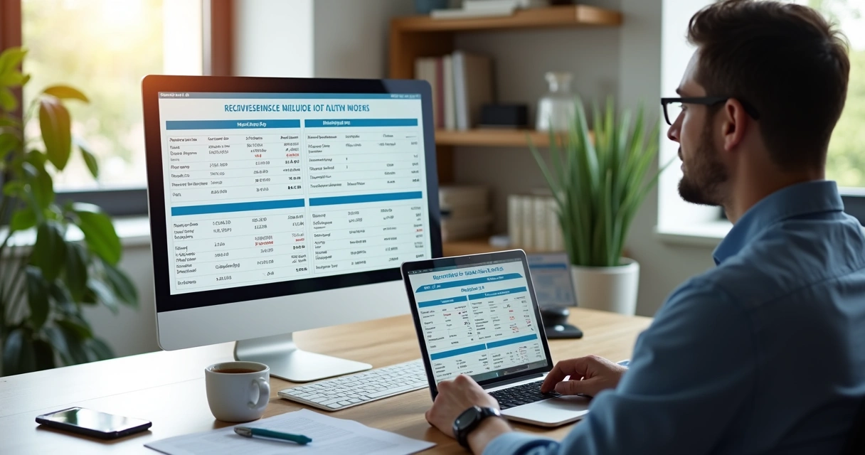 Pessoa usando computador para cotar plano de saúde com gráficos de reembolso e limites na tela 