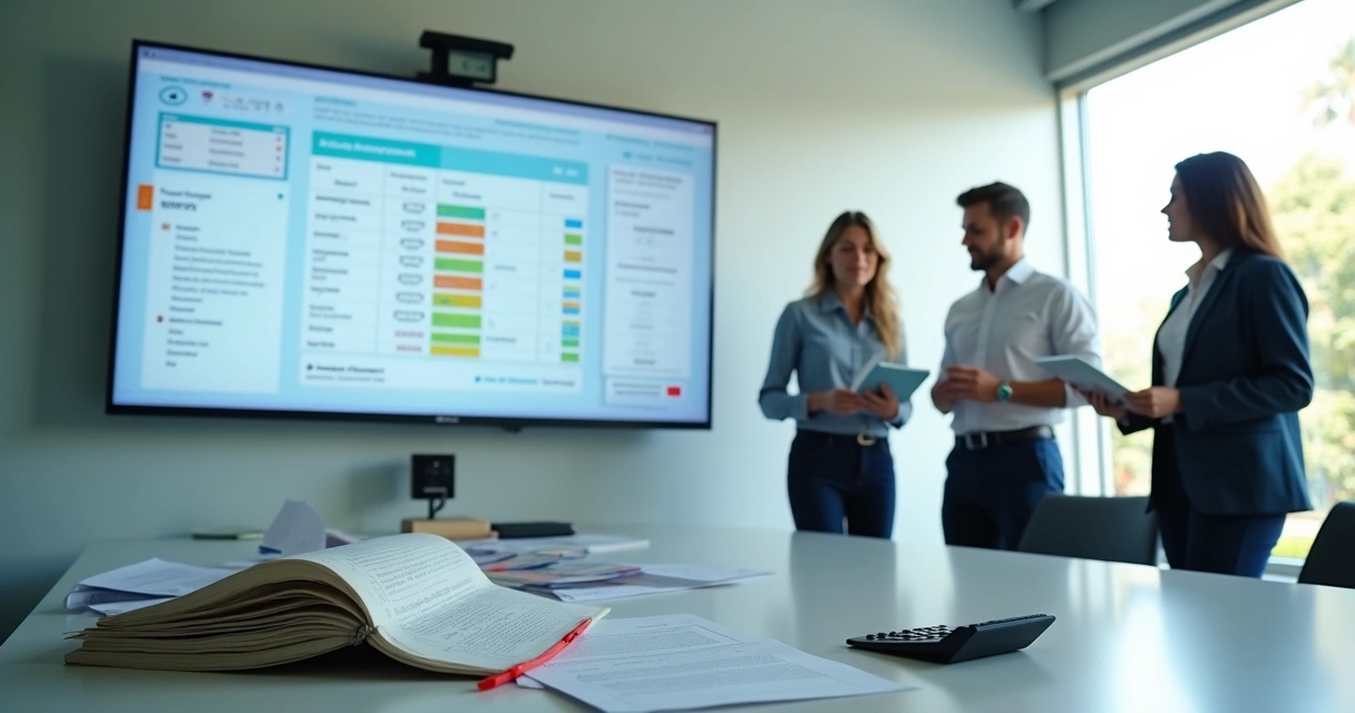 Comparação de planos de saúde em tela grande com planilhas sendo deixadas de lado 