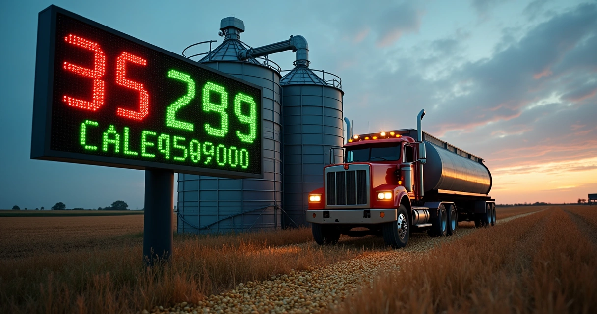 Quadro digital de cotação de soja ao lado de carreta em silo agrícola