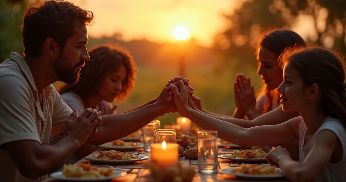 Família reunida em oração ao pôr do sol, expressando fé e esperança 