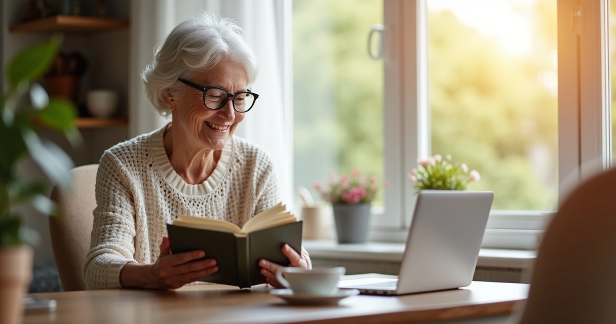Mulher madura sorridente lendo um livro com óculos multifocais 