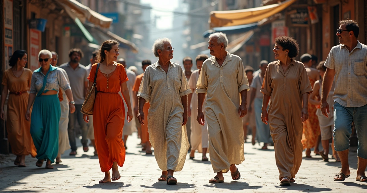 Pessoas de diferentes culturas em uma rua movimentada 