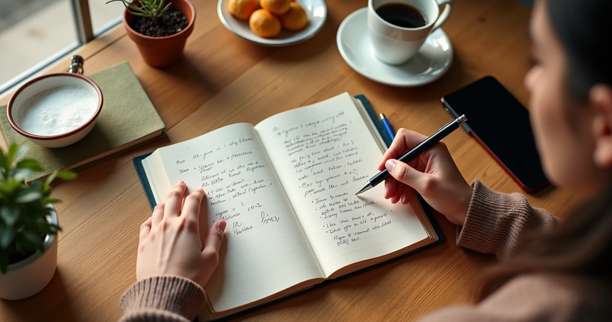 Pessoa fazendo anotações em um diário na mesa de café 