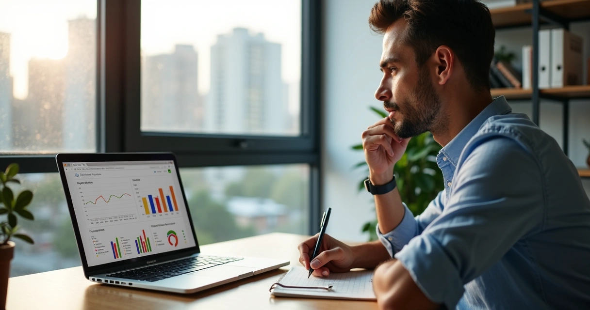 Homem sentado com notebook analisando gráficos de fundos imobiliários