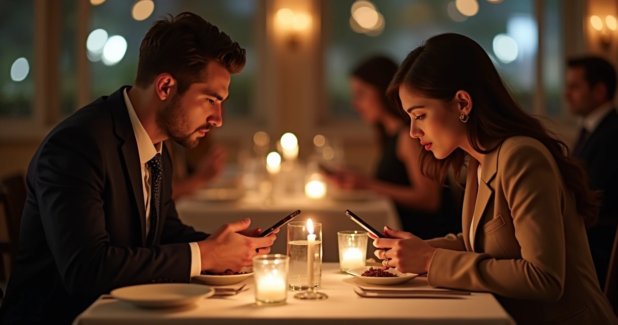 Couple at dinner, both distracted by their phones at the table 