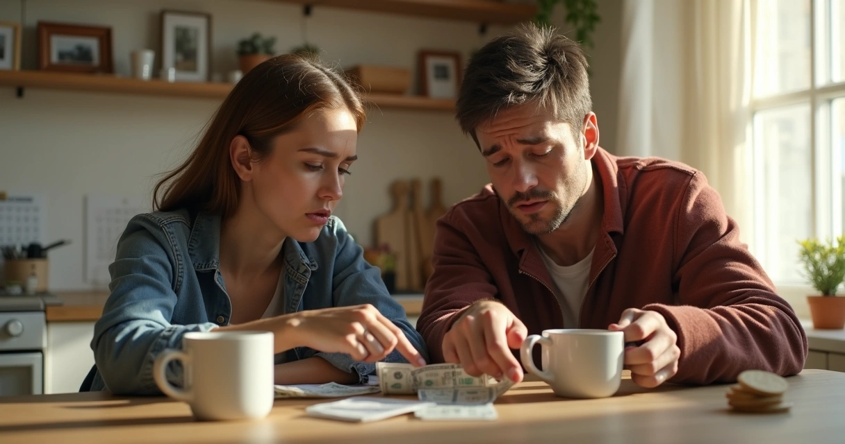 Couple reviewing hidden bills at the kitchen table