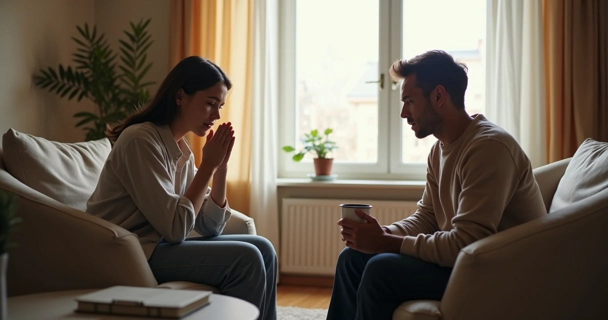 Couple sitting apart and taking a calm pause during conversation 