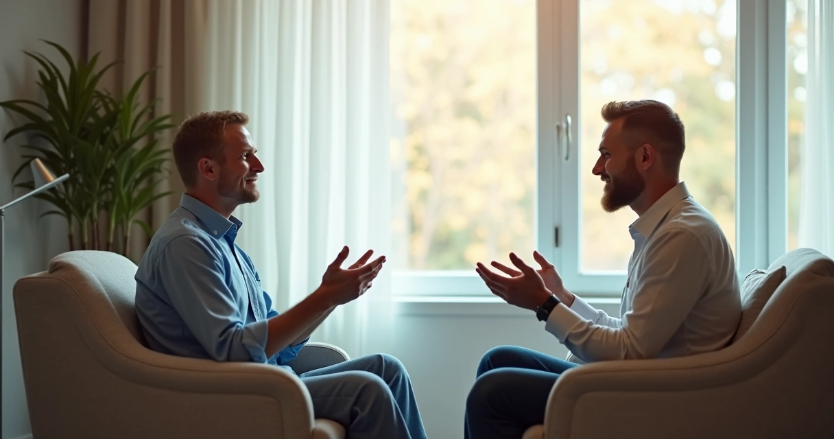 Two people sitting apart and breathing calmly before talking 