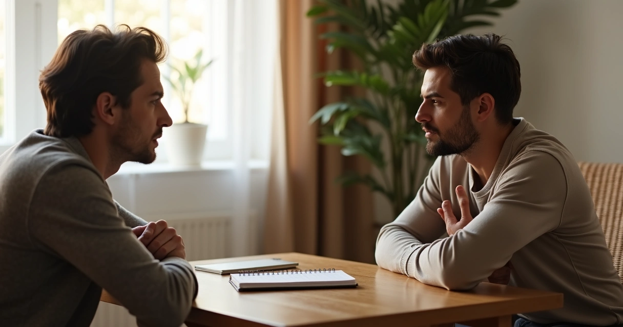 Two people pausing and breathing calmly during a tense conversation 