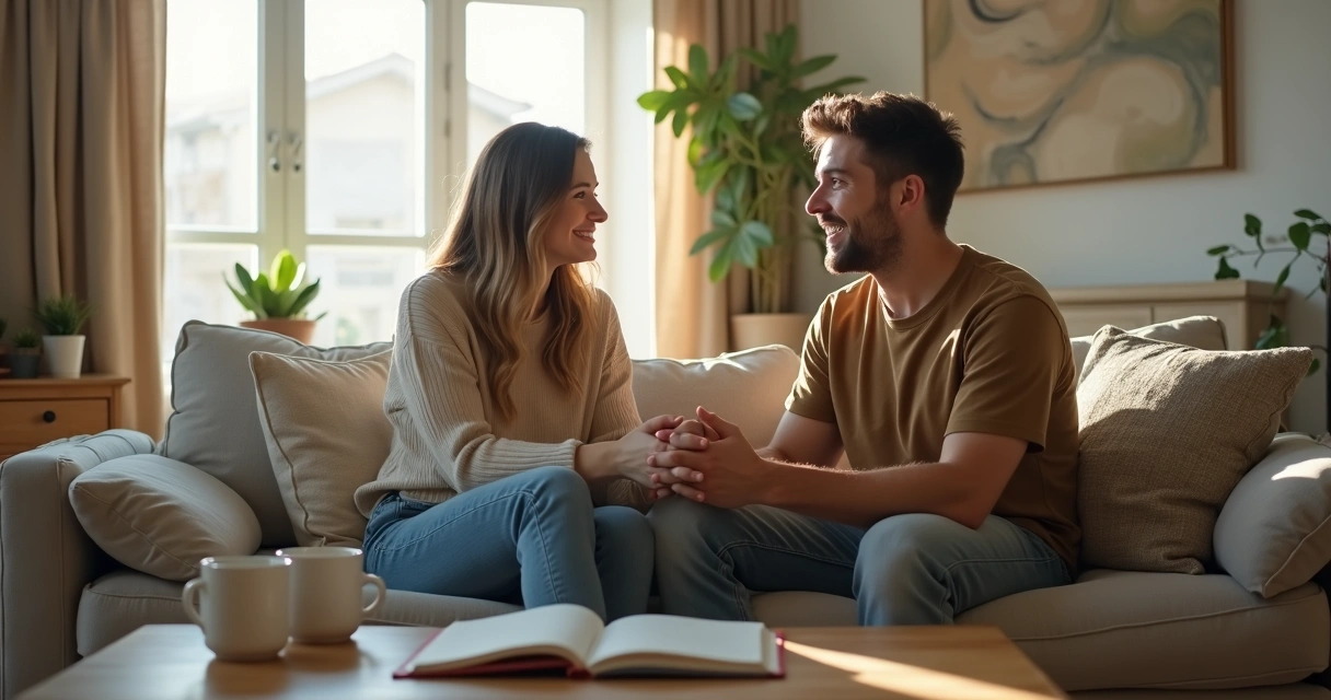 Couple talking openly on a sofa and holding hands 