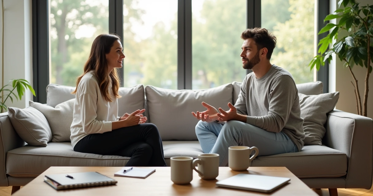 Two people talking calmly on a sofa in a bright modern living room 