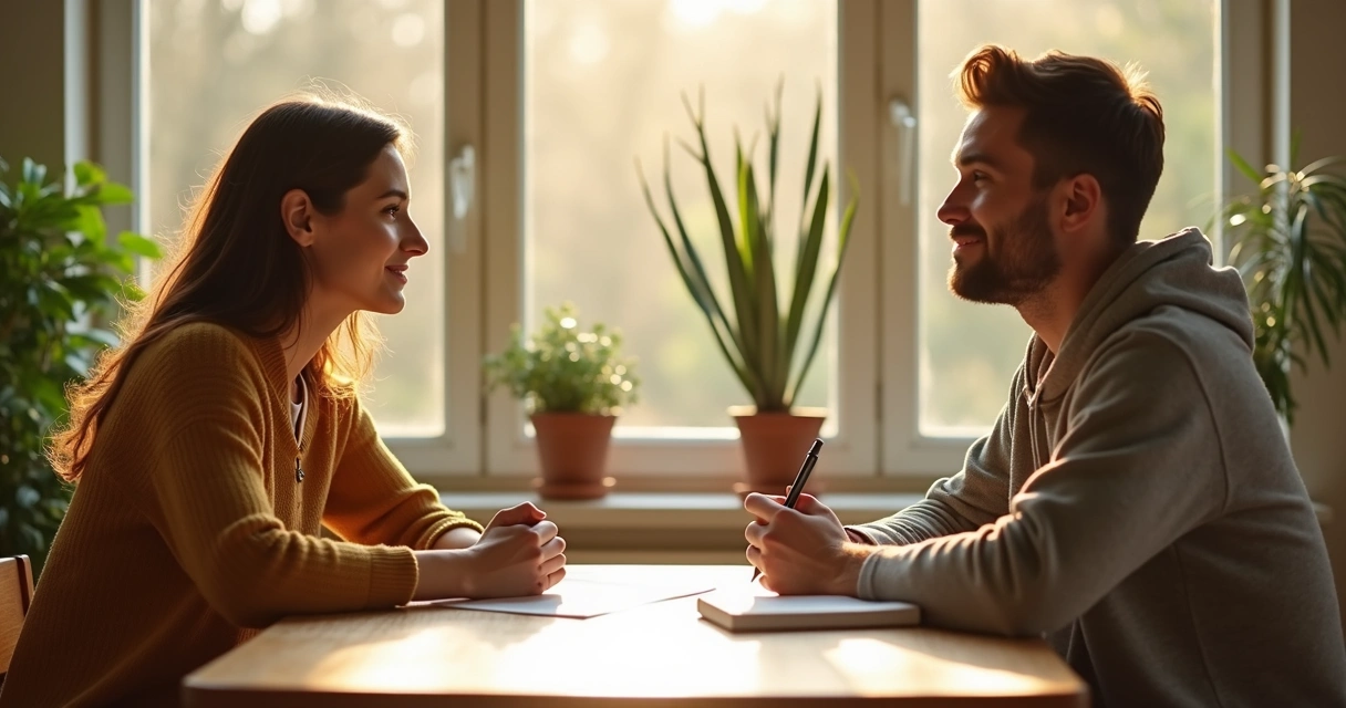 Young couple facing each other, discussing relationship issues calmly at home. 