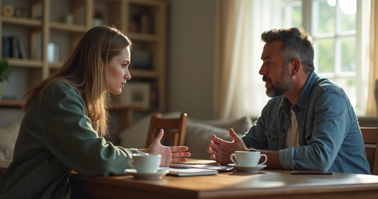 Two people speaking calmly at a table during a tense discussion