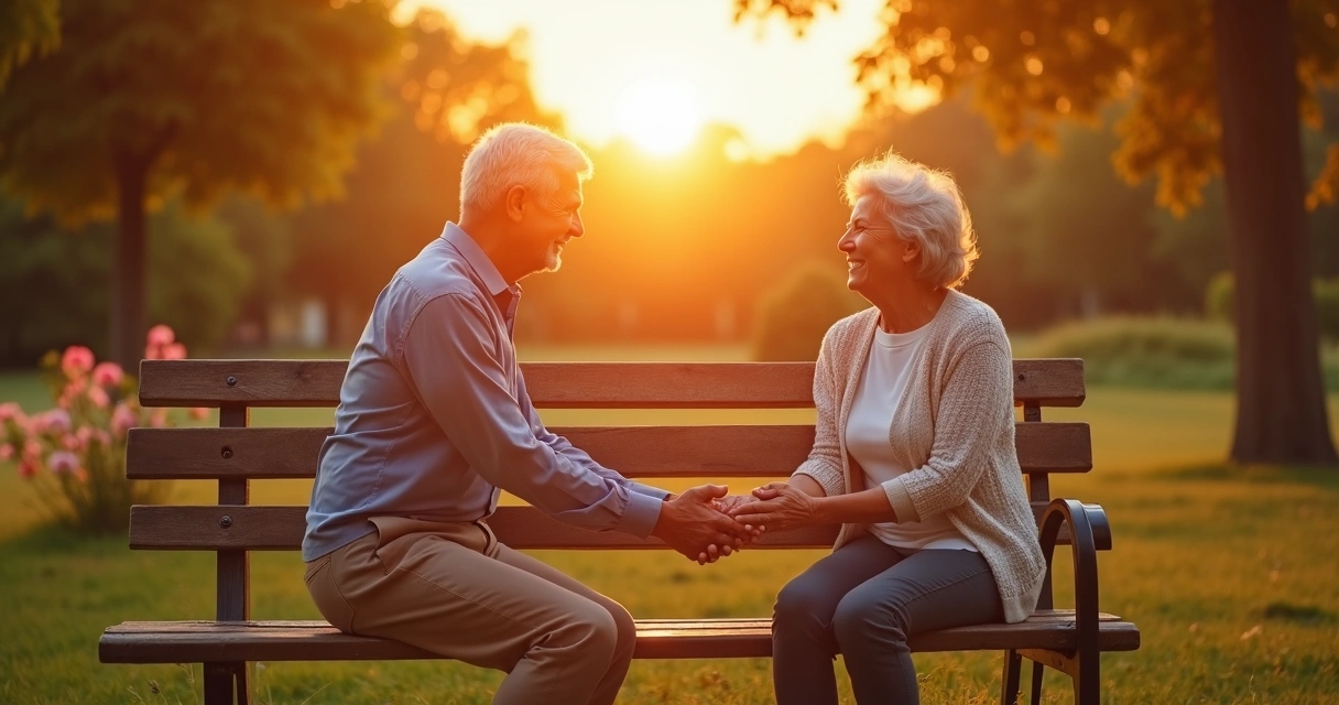 Steady couple holding hands on a park bench, sunset in background. 