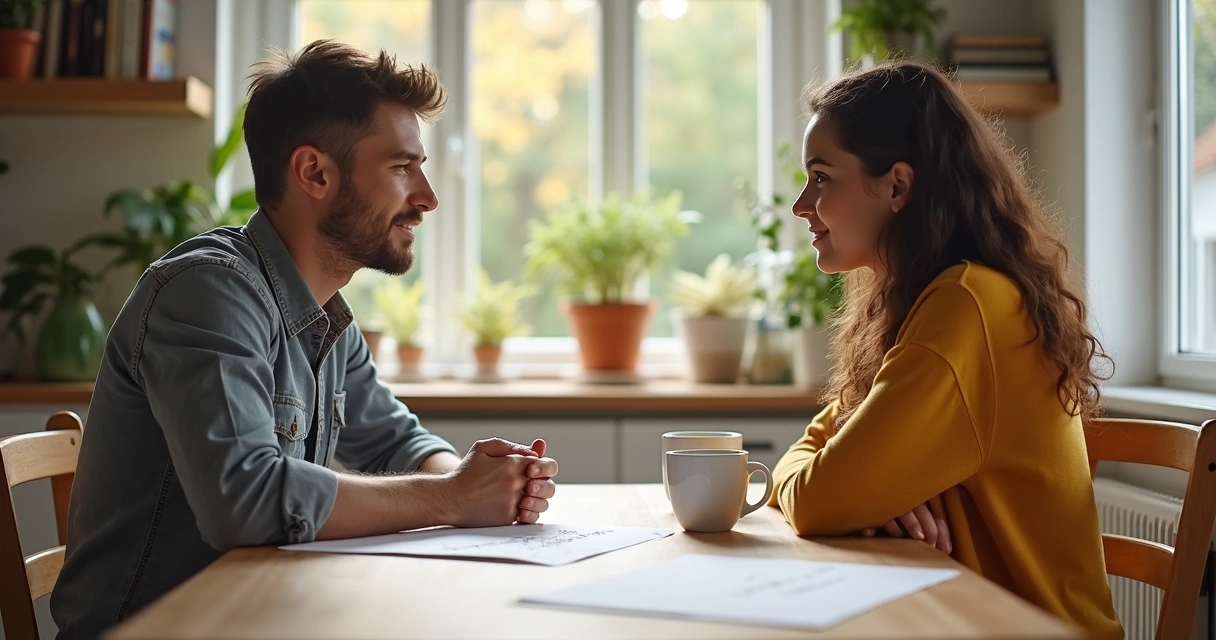 Couple sitting at a table and talking seriously 