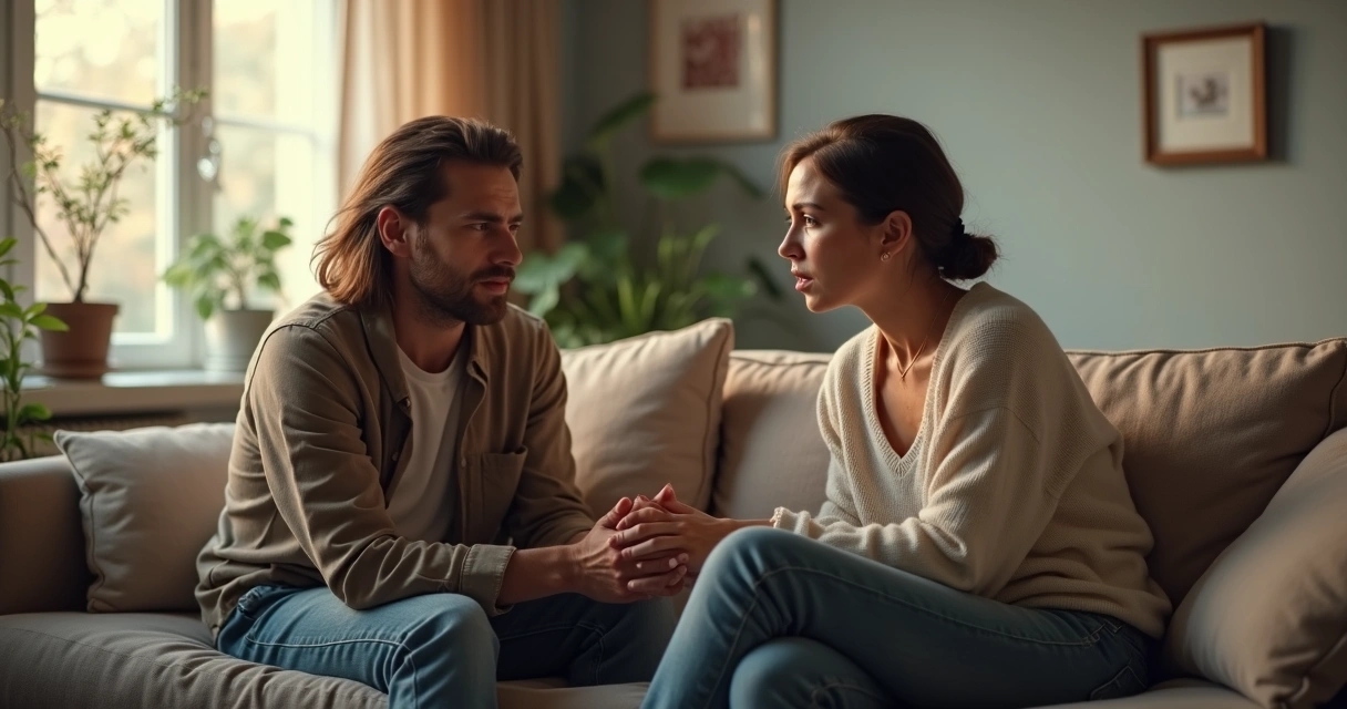 Couple talking seriously in a modern living room 