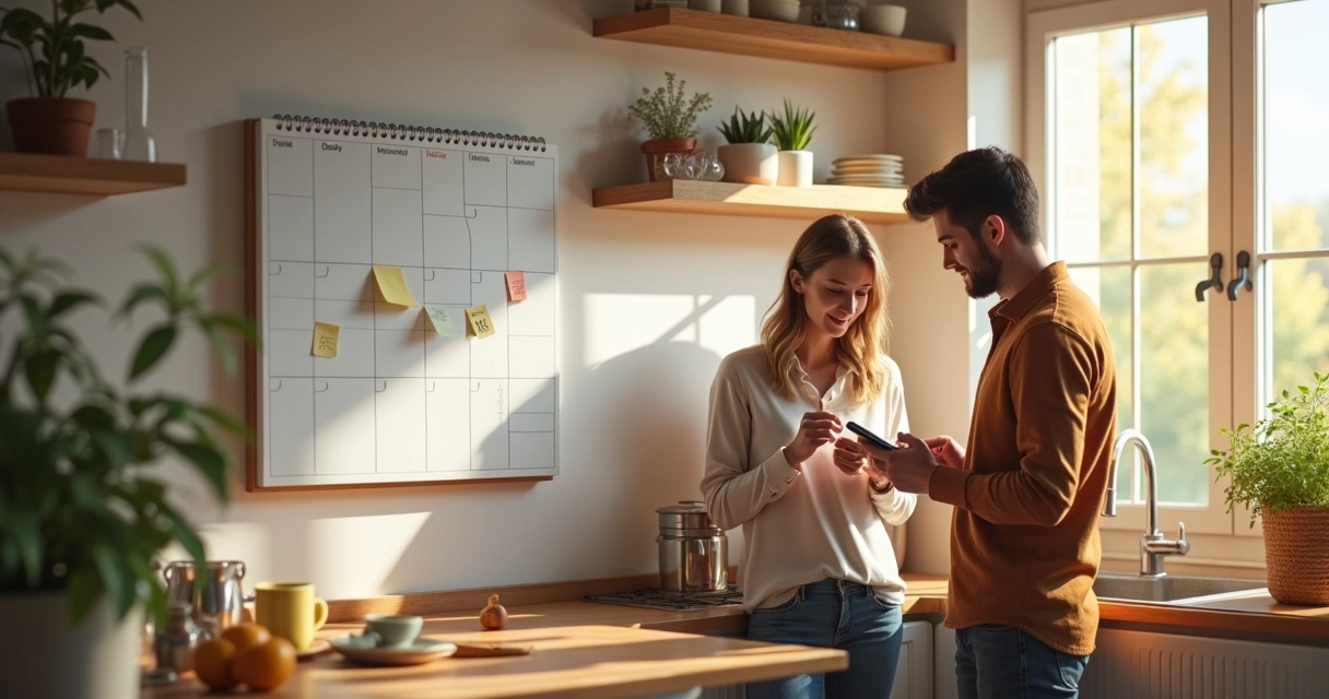 Couple planning daily tasks using a calendar on the wall