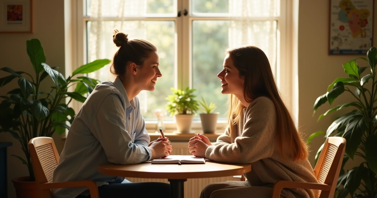 Two people sitting together, having an open conversation showing growth in their relationship 