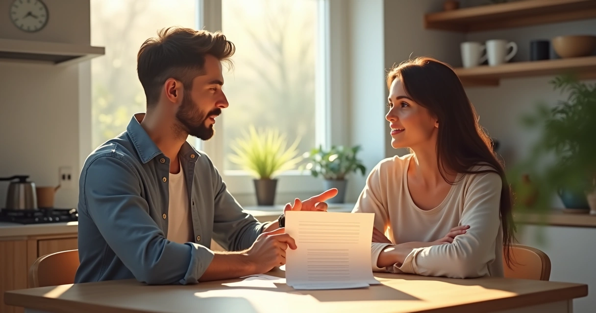 Man and woman at kitchen table, discussing with list of chores between them