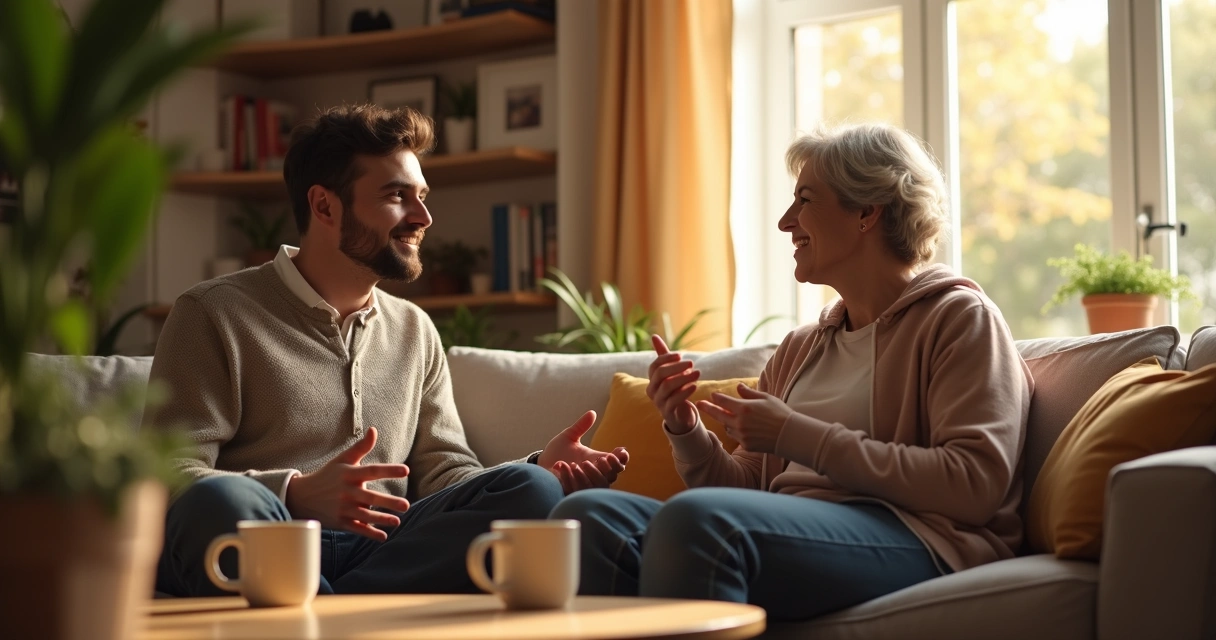 Couple talking together in living room 