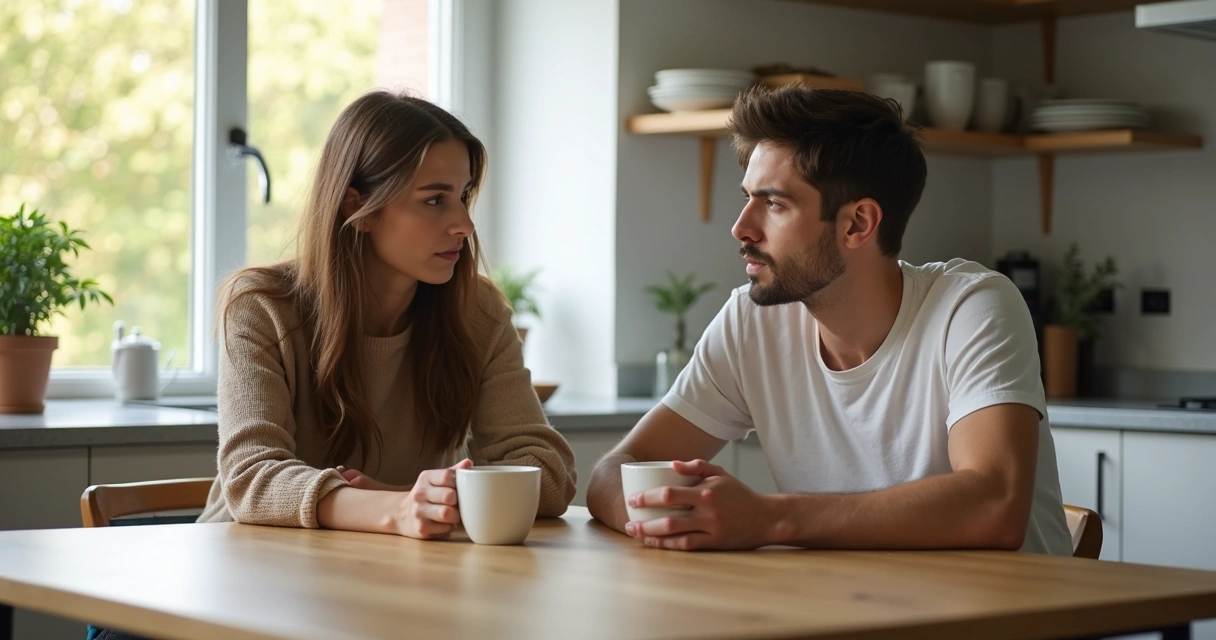 Couple talking seriously at a home kitchen table 