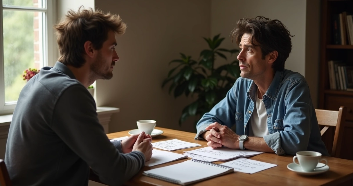 Two people talking at a table with notes between them 