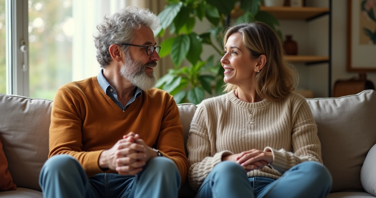 Pair sitting on a sofa, having a calm and open discussion 