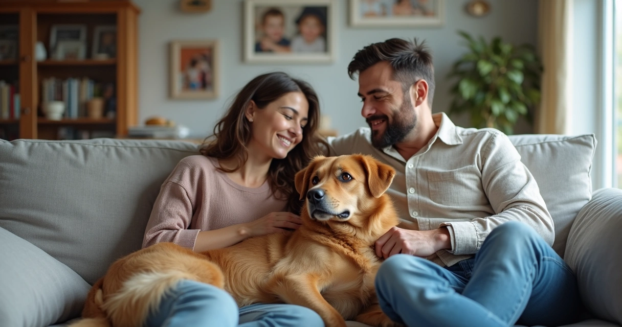 Couple sitting on a couch with their dog in between