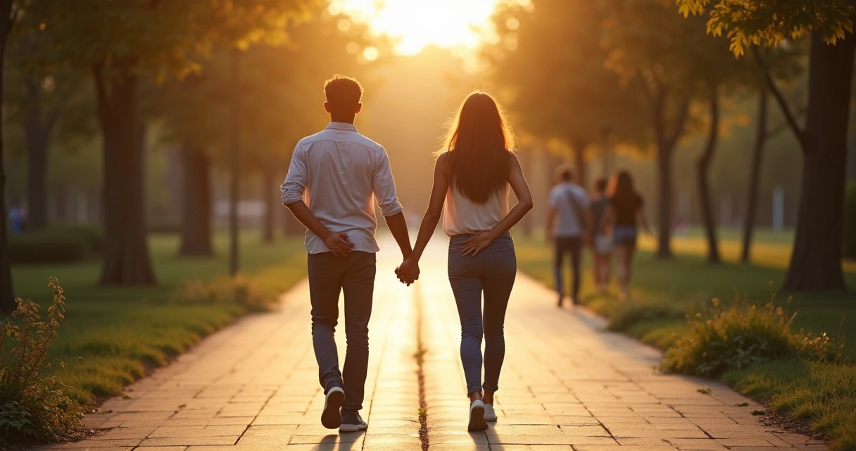 Couple walking side by side along parallel paths separated by a clear glass line 