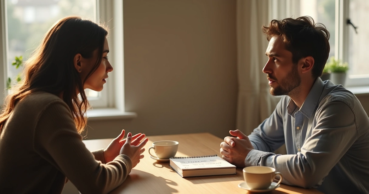 Two people speaking calmly at a table with notes between them