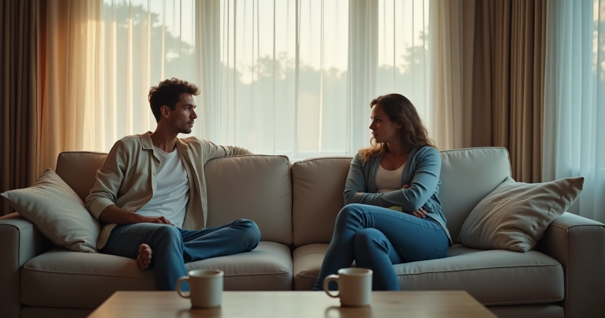 Couple sitting apart on a sofa in quiet tension