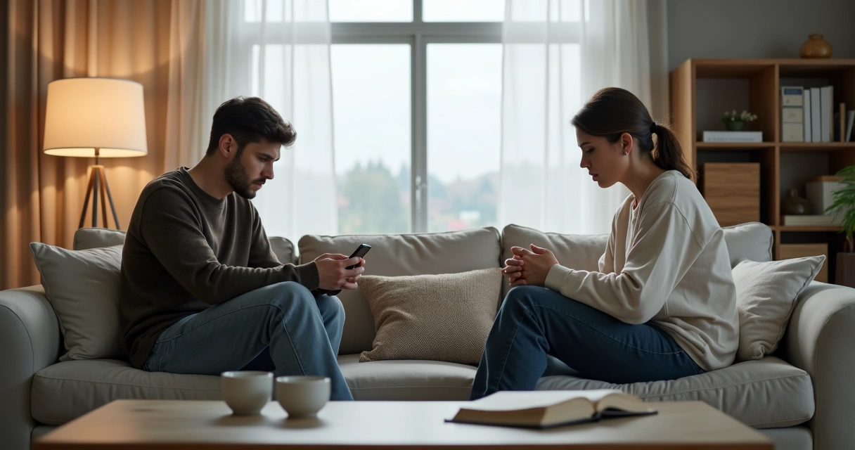 Couple sitting apart on a sofa showing emotional distance 