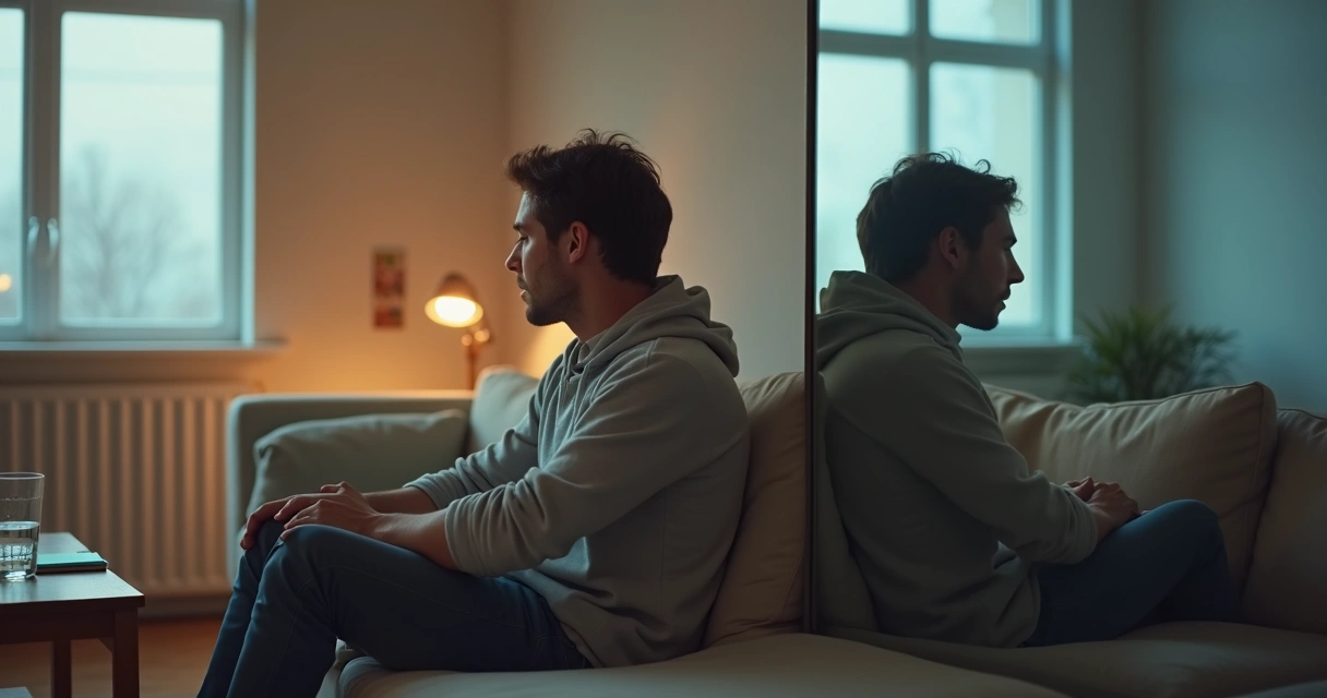 Couple sitting back to back with reflections facing each other 