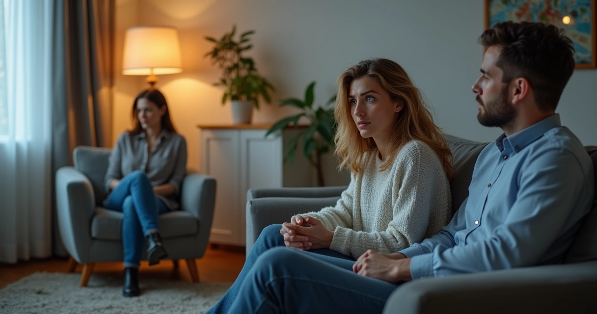 Two people sitting apart on a sofa, while a third person listens from a nearby chair 
