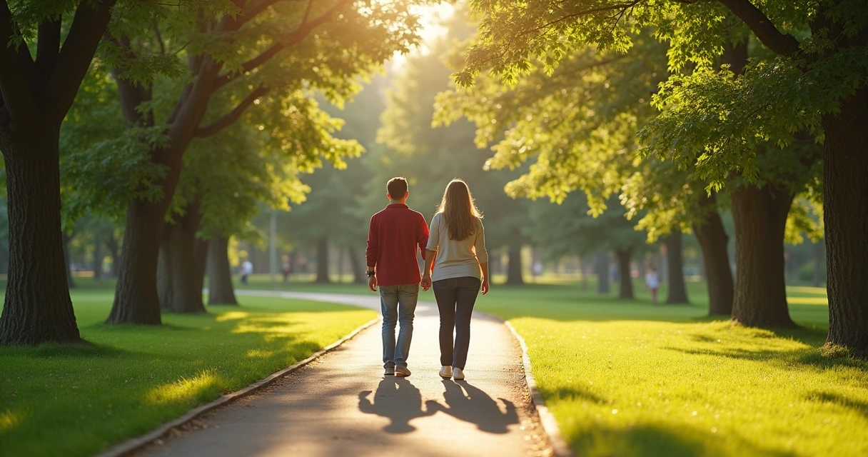 Couple walking in park with distance between them 