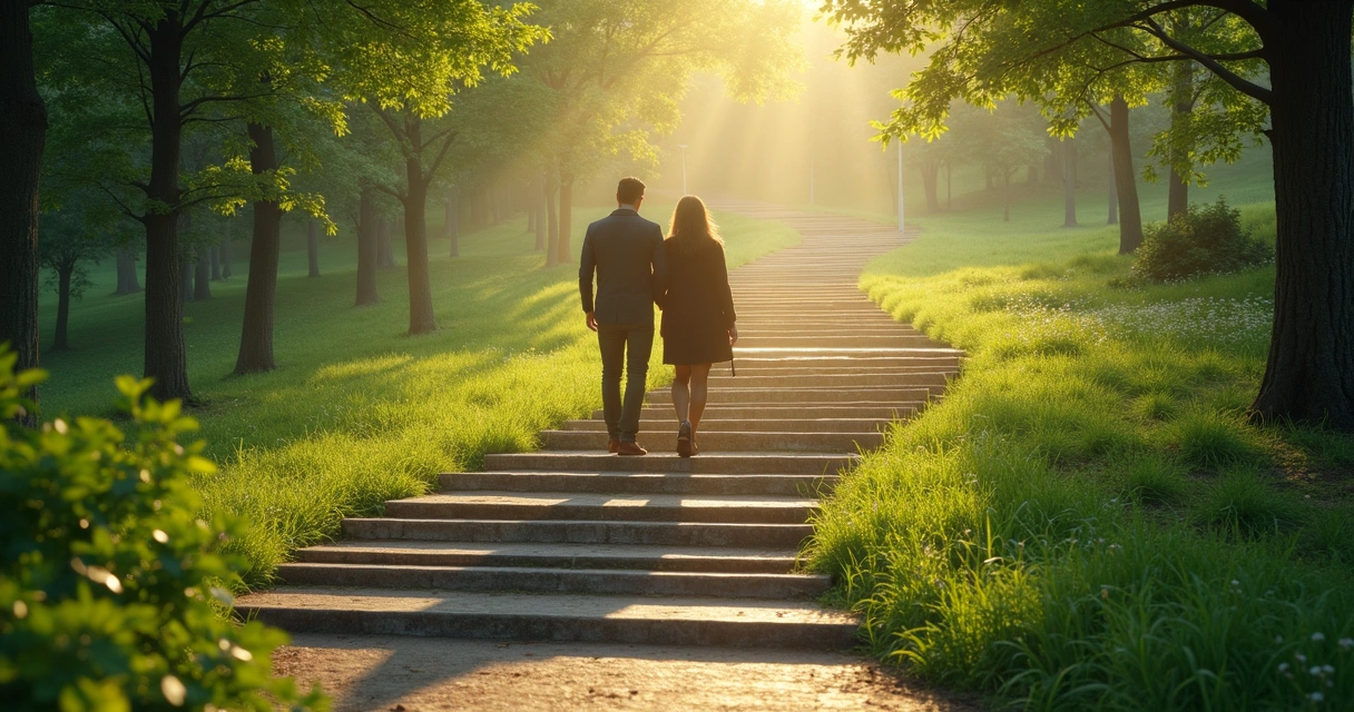 Two people walking side by side on a path, symbolic growth represented by ascending steps 