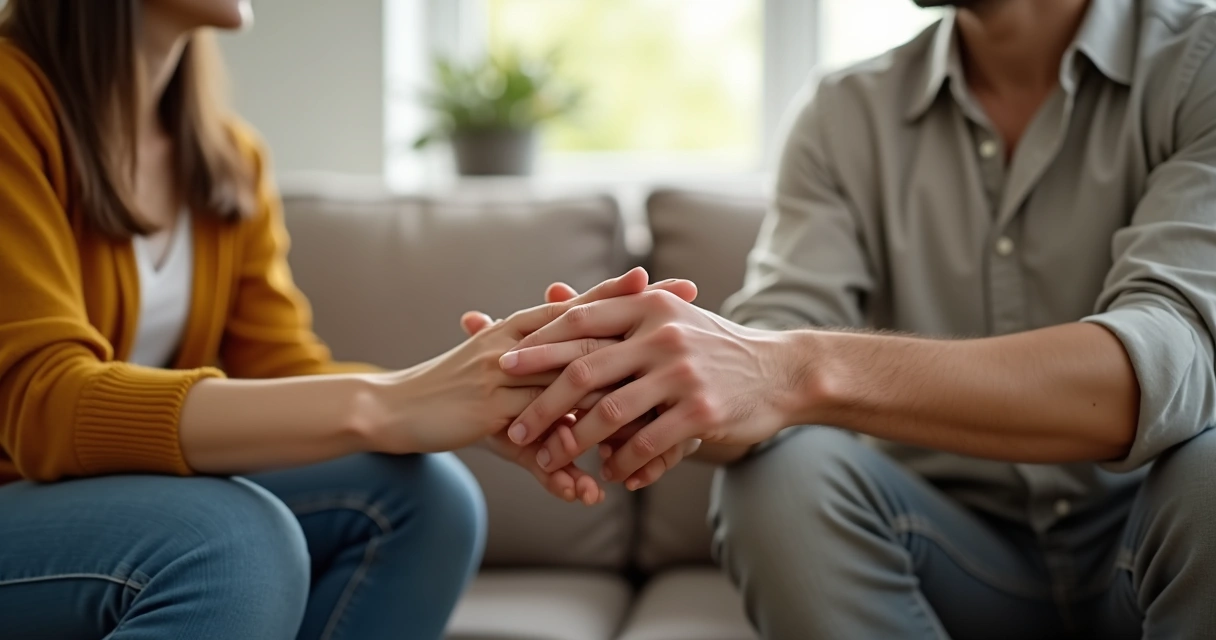 Newlyweds holding hands while relaxing at home