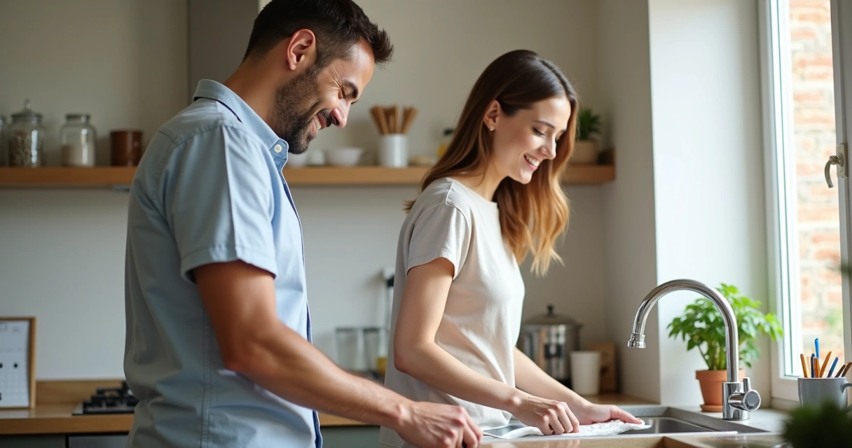 Man and woman dividing household chores in a bright kitchen. 