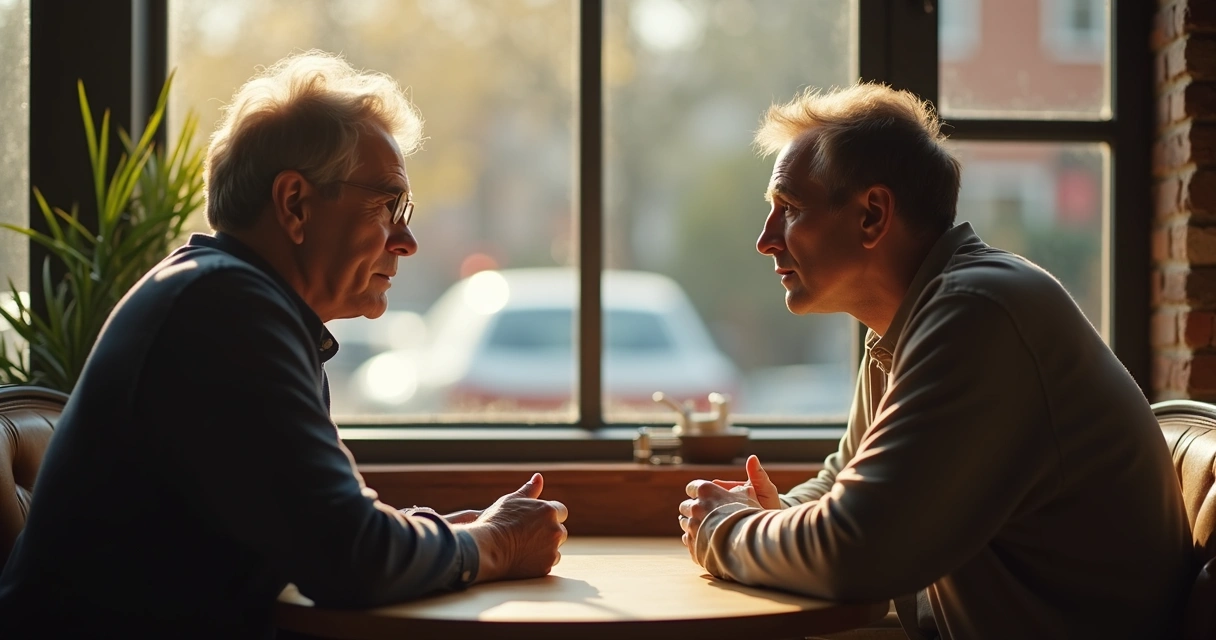 Two adults talking closely at a cafe table 