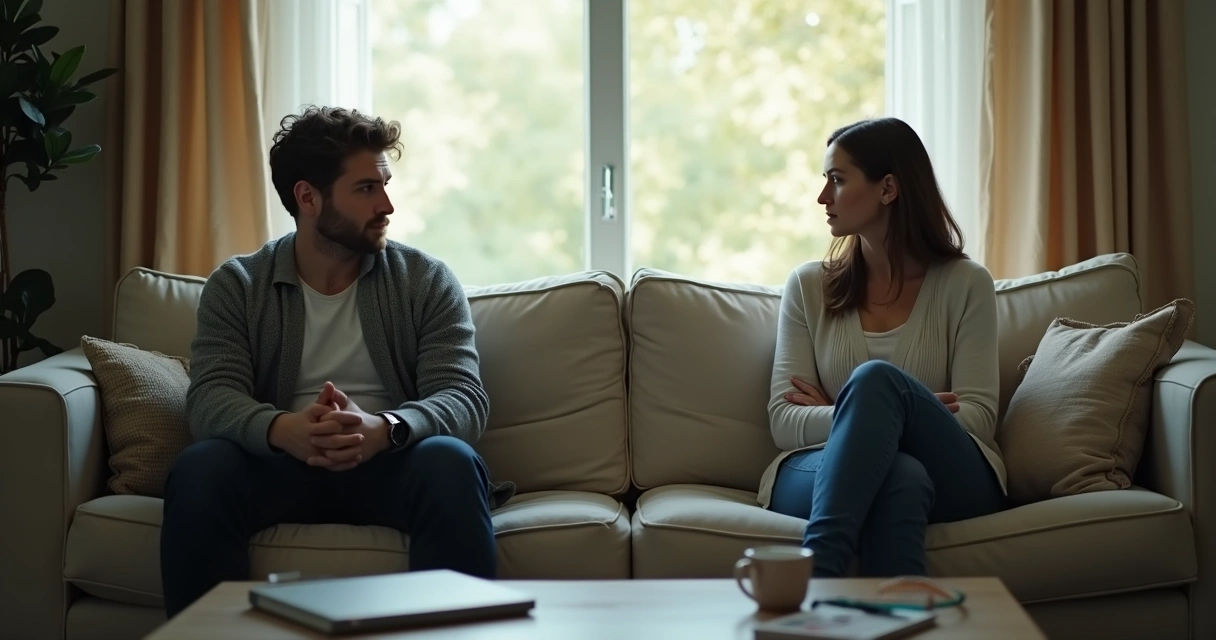 Couple sits apart in a living room, both looking distant 