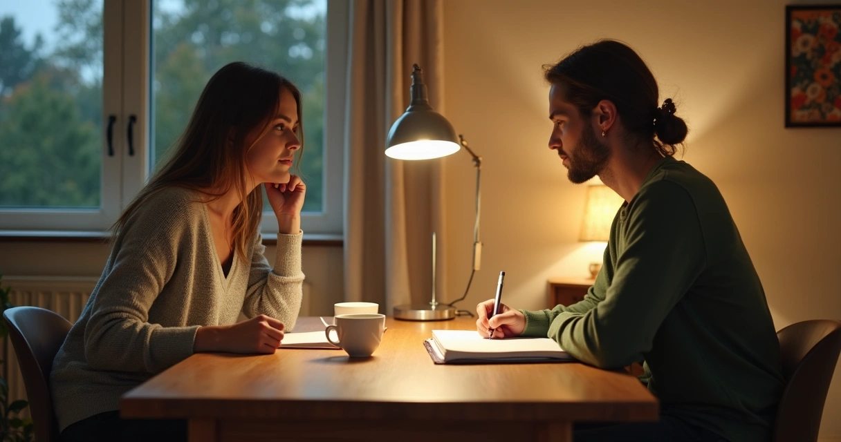Two partners reflecting together with notebooks at a table 