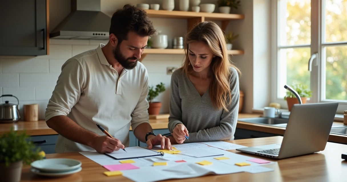 Couple reviewing a household planner in the kitchen 